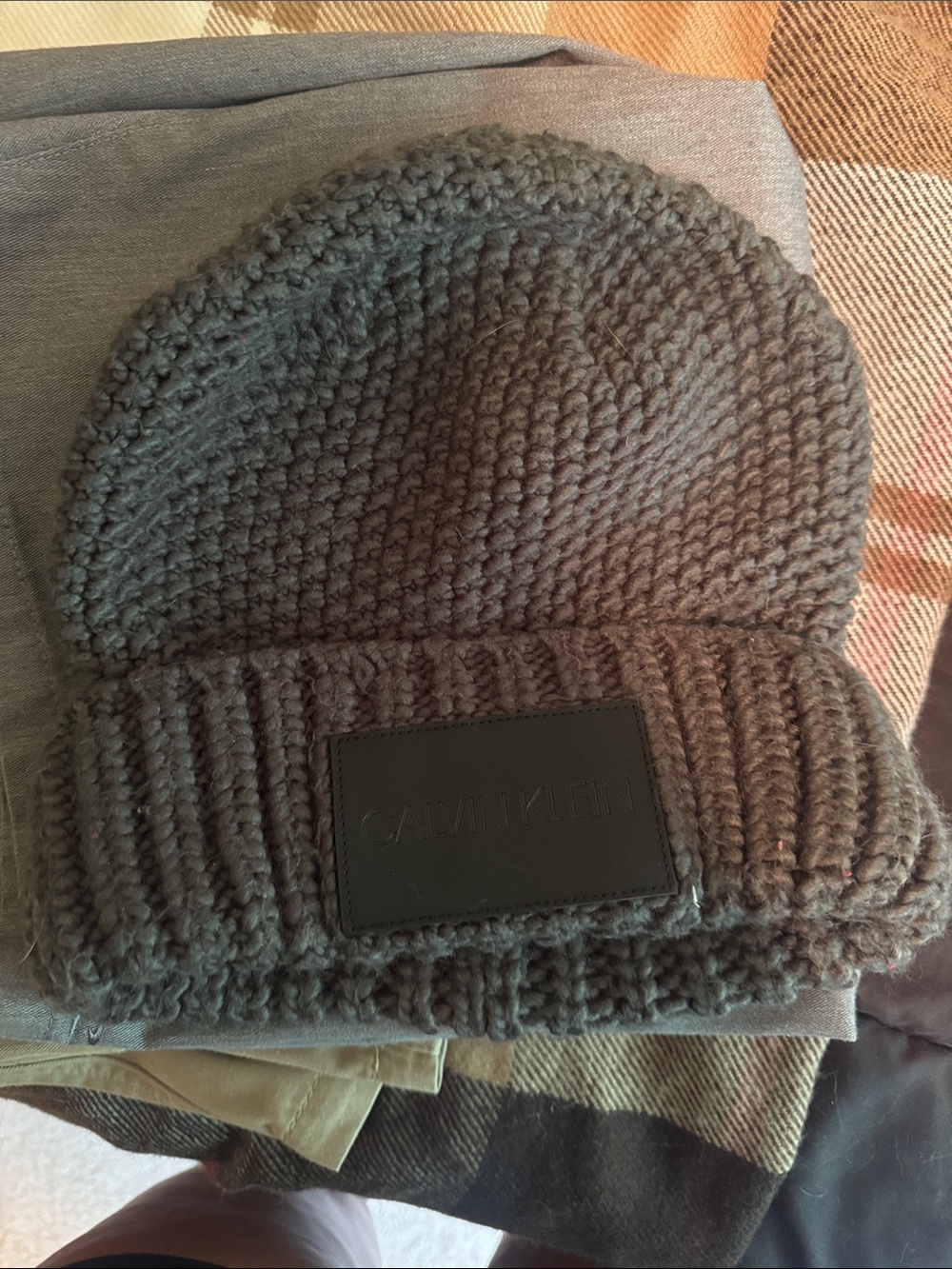 Calvin Klein Dark Gray Chunky Knit Beanie with Logo Patch